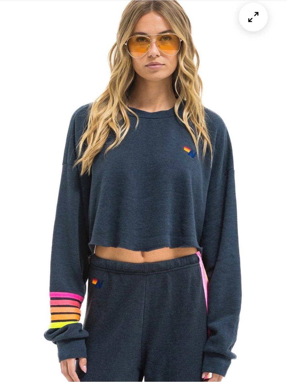 Aviator Nation Rugby Stitch cropped crew sweatshirt charcoal/neon S